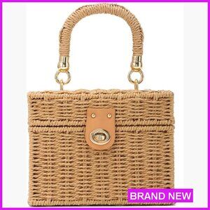 Woven Straw Tote Bag Boho Beach Handbag Square Bucket Purse Summer